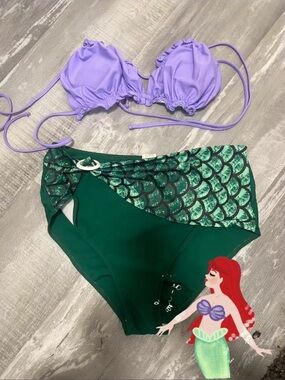Ariel Ruched Lavender Bikini Top with Emerald Green Mermaid-Print High-Waist